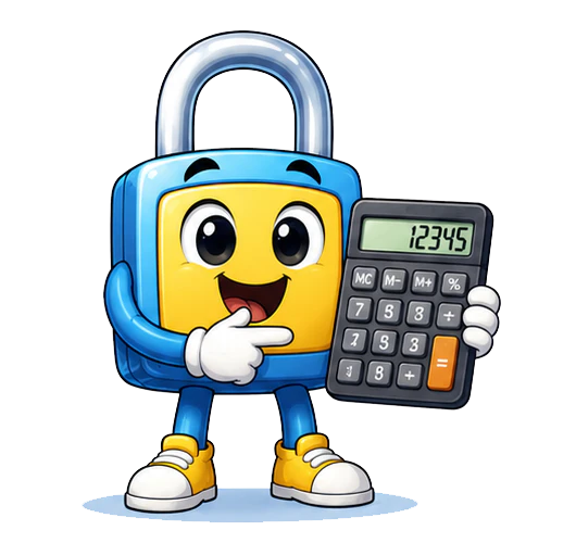 Cheerful blue cartoon lock holding a calculator displaying 12345, with a friendly pose.